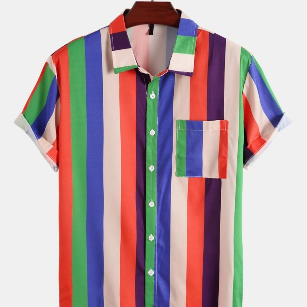 Rainbow Striped Printed Button Down XXL